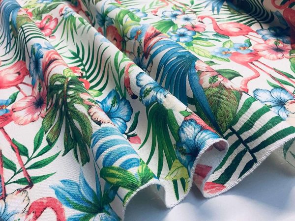 Pink Flamingo Bird Floral Fabric & Tropical Palm Leaf Garden Print Material - Curtains, Furnishing, Dress Making, Home Decor 55''/140cm wide