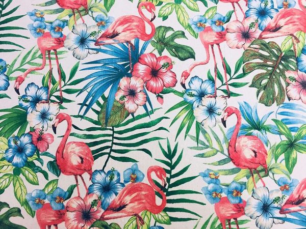 Pink Flamingo Bird Floral Fabric & Tropical Palm Leaf Garden Print Material - Curtains, Furnishing, Dress Making, Home Decor 55''/140cm wide