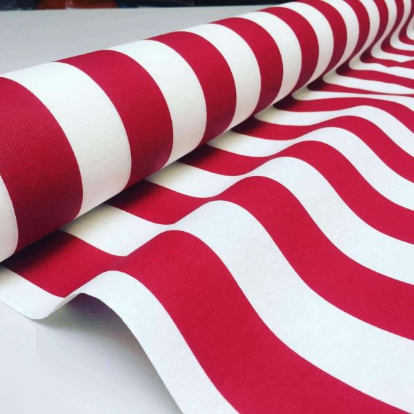 Teflon Waterproof Outdoor Fabric for cushion, gazebo, beach - 140cm wide, sold by metre -RED & White Stripe Material Stripes