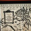 World Map Fabric Poster, Map of the World Linen Textile Tapestry - wall art, gift - Black and Cream Map + Dark Walnut Wood Frame Hanger