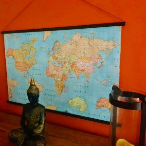 World Map Fabric Poster, Map of the World Textile Tapestry - wall art, gift - Blue Map + Dark Walnut Solid Wood Frame Hanger - 100cm x 65cm