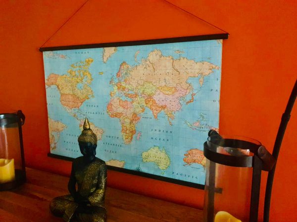 World Map Fabric Poster, Map of the World Textile Tapestry - wall art, gift - Blue Map + Dark Walnut Solid Wood Frame Hanger - 100cm x 65cm