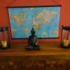 World Map Fabric Poster, Map of the World Textile Tapestry - wall art, gift - Blue Map + Dark Walnut Solid Wood Frame Hanger - 100cm x 65cm