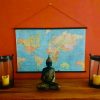 World Map Fabric Poster, Map of the World Textile Tapestry - wall art, gift - Blue Map + Dark Walnut Solid Wood Frame Hanger - 100cm x 65cm