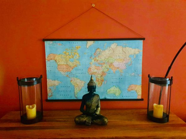 World Map Fabric Poster, Map of the World Textile Tapestry - wall art, gift - Blue Map + Dark Walnut Solid Wood Frame Hanger - 100cm x 65cm