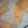 World Map Fabric Poster, Map of the World Textile Tapestry - wall art, gift - Blue Map + Dark Walnut Solid Wood Frame Hanger - 100cm x 65cm
