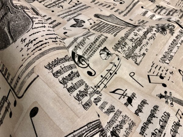 Violin & Music Notes Fabric for Curtains Upholstery cotton material - 110"/280cm extra wide - Black and Cream musical note print canvas