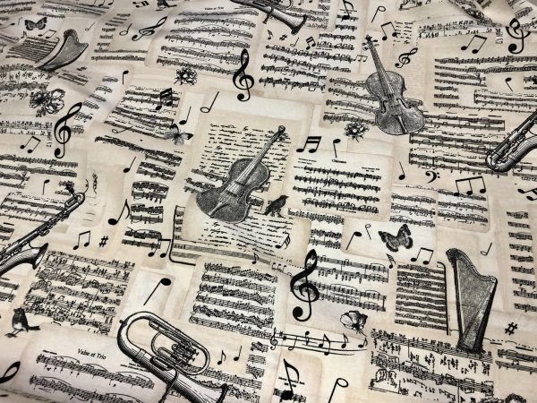 Violin & Music Notes Fabric for Curtains Upholstery cotton material - 110"/280cm extra wide - Black and Cream musical note print canvas