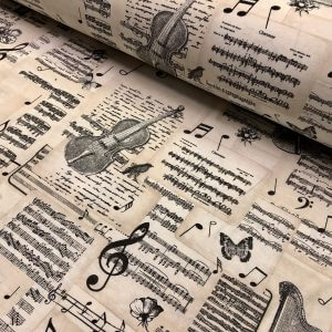 Violin & Music Notes Fabric for Curtains Upholstery cotton material - 110"/280cm extra wide - Black and Cream musical note print canvas