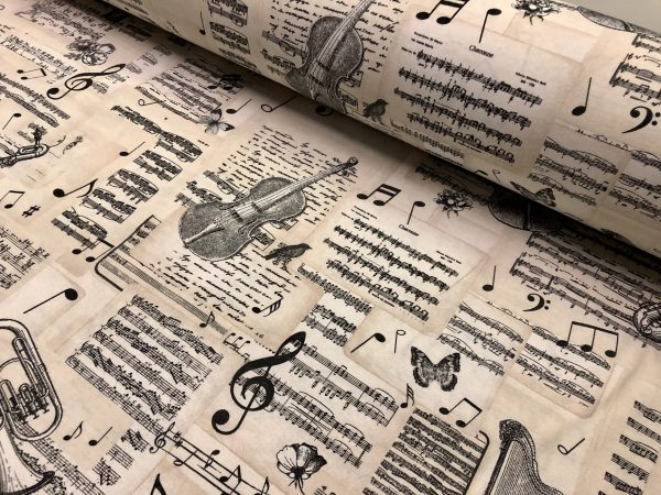Violin & Music Notes Fabric for Curtains Upholstery cotton material - 110"/280cm extra wide - Black and Cream musical note print canvas
