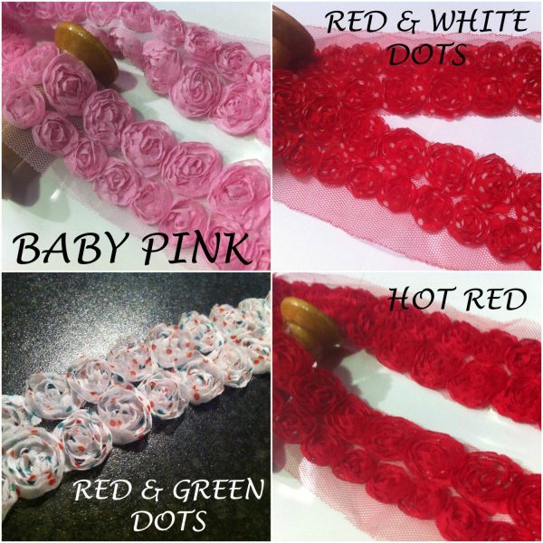 Rose Flower Lace Fabric Trim - Bridal Flowers Net Tulle - DOUBLE ROW (by metre)