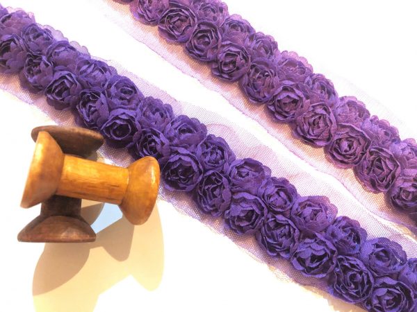 Rose Flower Lace Fabric Trim - Bridal Flowers Net Tulle - DOUBLE ROW (by metre)