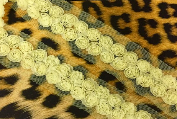Rose Flower Lace Fabric Trim - Bridal Flowers Net Tulle - DOUBLE ROW (by metre)