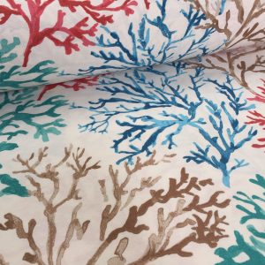 Blue Coral Reef Fabric Curtain Upholstery Cotton Material Sea Teal, Brown, Red Corals -280cm or 110" Extra Wide