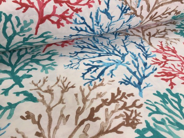 Blue Coral Reef Fabric Curtain Upholstery Cotton Material Sea Teal, Brown, Red Corals -280cm or 110" Extra Wide