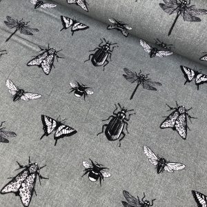 Grey Bugs & Insects Fabric for Curtains Upholstery Dressmaking - Bee, Moth, Butterfly, Dragonfly Print Cotton Material - 55"/140cm wide