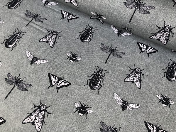 Grey Bugs & Insects Fabric for Curtains Upholstery Dressmaking - Bee, Moth, Butterfly, Dragonfly Print Cotton Material - 55"/140cm wide