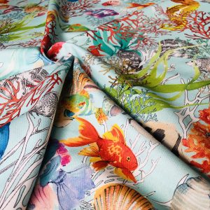 Aqua Sea World Coral Reef Fabric Curtain Upholstery Cotton Material - Marine Teal Seahorse Shell Red Corals - 110" or 280cm Extra Wide