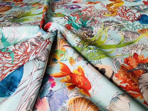 Aqua Sea World Coral Reef Fabric Curtain Upholstery Cotton Material - Marine Teal Seahorse Shell Red Corals - 110" or 280cm Extra Wide