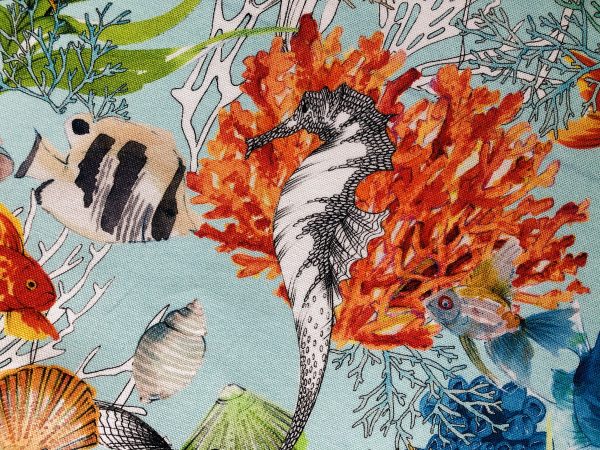 Aqua Sea World Coral Reef Fabric Curtain Upholstery Cotton Material - Marine Teal Seahorse Shell Red Corals - 110" or 280cm Extra Wide - Image 2