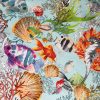 Aqua Sea World Coral Reef Fabric Curtain Upholstery Cotton Material - Marine Teal Seahorse Shell Red Corals - 110" or 280cm Extra Wide - Image 3