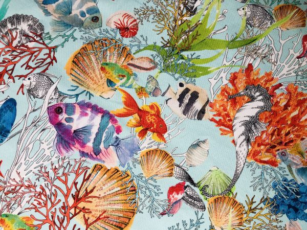 Aqua Sea World Coral Reef Fabric Curtain Upholstery Cotton Material - Marine Teal Seahorse Shell Red Corals - 110" or 280cm Extra Wide - Image 3