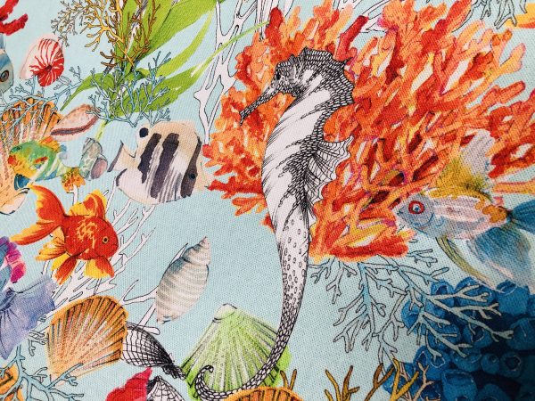 Aqua Sea World Coral Reef Fabric Curtain Upholstery Cotton Material - Marine Teal Seahorse Shell Red Corals - 110" or 280cm Extra Wide - Image 4