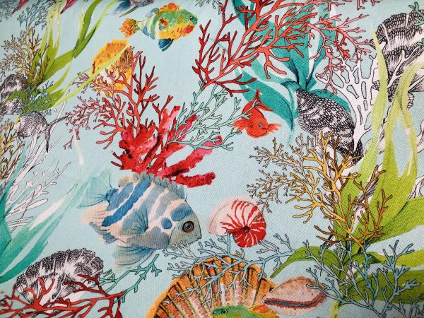 Aqua Sea World Coral Reef Fabric Curtain Upholstery Cotton Material - Marine Teal Seahorse Shell Red Corals - 110" or 280cm Extra Wide - Image 5