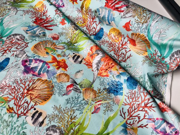 Aqua Sea World Coral Reef Fabric Curtain Upholstery Cotton Material - Marine Teal Seahorse Shell Red Corals - 110" or 280cm Extra Wide - Image 7