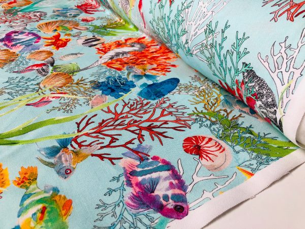 Aqua Sea World Coral Reef Fabric Curtain Upholstery Cotton Material - Marine Teal Seahorse Shell Red Corals - 110" or 280cm Extra Wide - Image 8