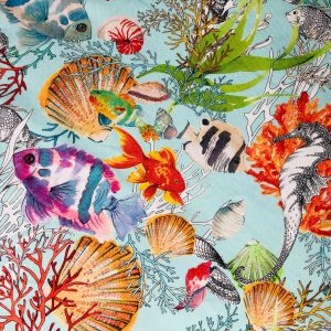 Aqua Sea World Coral Reef Fabric Curtain Upholstery Cotton Material - Marine Seahorse Teal Shell Red Corals -55"/140cm Wide