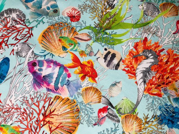 Aqua Sea World Coral Reef Fabric Curtain Upholstery Cotton Material - Marine Seahorse Teal Shell Red Corals -55"/140cm Wide