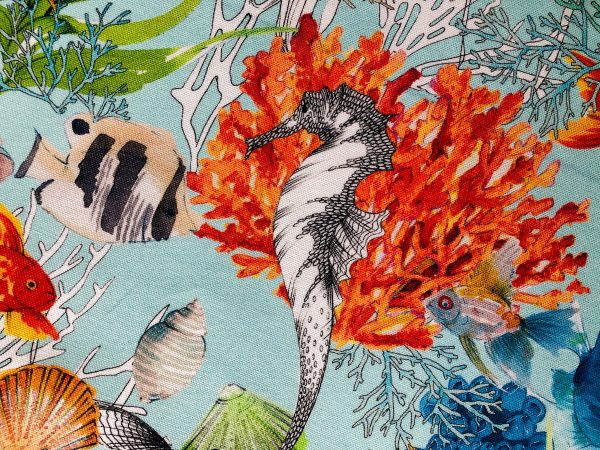 Aqua Sea World Coral Reef Fabric Curtain Upholstery Cotton Material - Marine Seahorse Teal Shell Red Corals -55"/140cm Wide - Image 2