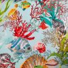 Aqua Sea World Coral Reef Fabric Curtain Upholstery Cotton Material - Marine Seahorse Teal Shell Red Corals -55"/140cm Wide - Image 3