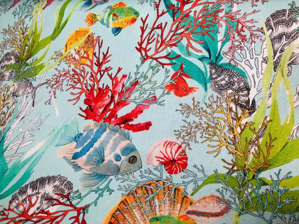 Aqua Sea World Coral Reef Fabric Curtain Upholstery Cotton Material - Marine Seahorse Teal Shell Red Corals -55"/140cm Wide - Image 3