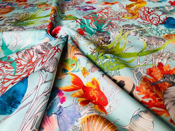 Aqua Sea World Coral Reef Fabric Curtain Upholstery Cotton Material - Marine Seahorse Teal Shell Red Corals -55"/140cm Wide - Image 4