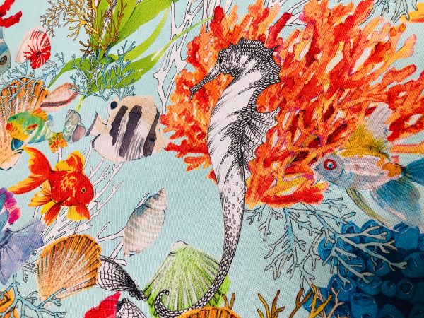 Aqua Sea World Coral Reef Fabric Curtain Upholstery Cotton Material - Marine Seahorse Teal Shell Red Corals -55"/140cm Wide - Image 5