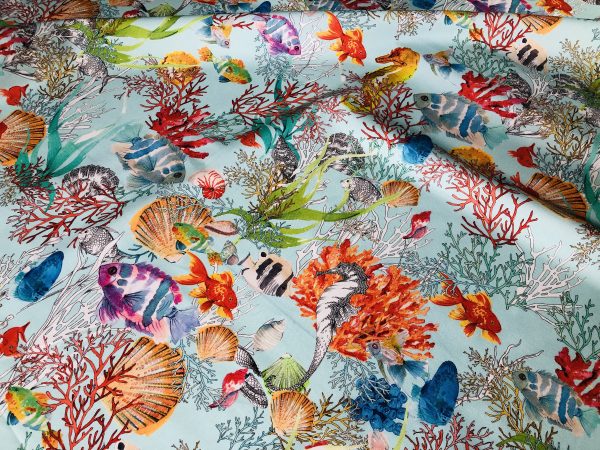 Aqua Sea World Coral Reef Fabric Curtain Upholstery Cotton Material - Marine Seahorse Teal Shell Red Corals -55"/140cm Wide - Image 6