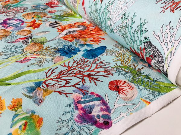 Aqua Sea World Coral Reef Fabric Curtain Upholstery Cotton Material - Marine Seahorse Teal Shell Red Corals -55"/140cm Wide - Image 8