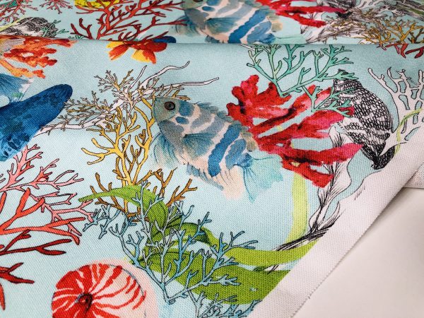 Aqua Sea World Coral Reef Fabric Curtain Upholstery Cotton Material - Marine Seahorse Teal Shell Red Corals -55"/140cm Wide - Image 9