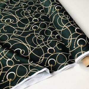 Dark Green Golden Chain Fabric for Curtains Upholstery Dressmaking - Gold Rope Ring Jewellery Print 100% Cotton Material - 55"/140cm wide
