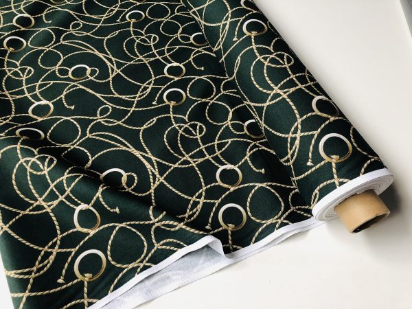 Dark Green Golden Chain Fabric for Curtains Upholstery Dressmaking - Gold Rope Ring Jewellery Print 100% Cotton Material - 55"/140cm wide