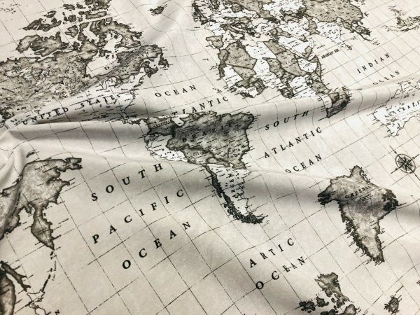 Grey World Map Designer Fabric Curtains Upholstery Dress Cotton Material - Globe Travel Print Canvas - 55"/140cm Wide