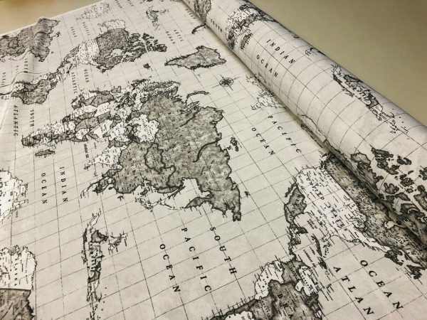 Grey World Map Designer Fabric Curtains Upholstery Dress Cotton Material - Globe Travel Print Canvas - 55"/140cm Wide - Image 2
