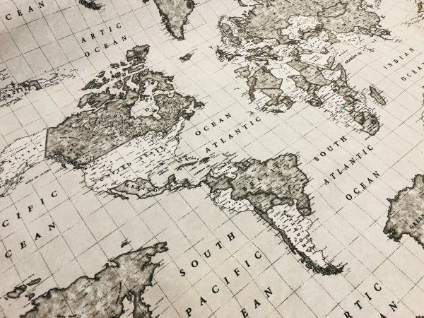 Grey World Map Designer Fabric Curtains Upholstery Dress Cotton Material - Globe Travel Print Canvas - 55"/140cm Wide - Image 3