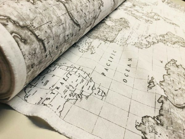 Grey World Map Designer Fabric Curtains Upholstery Dress Cotton Material - Globe Travel Print Canvas - 55"/140cm Wide - Image 4