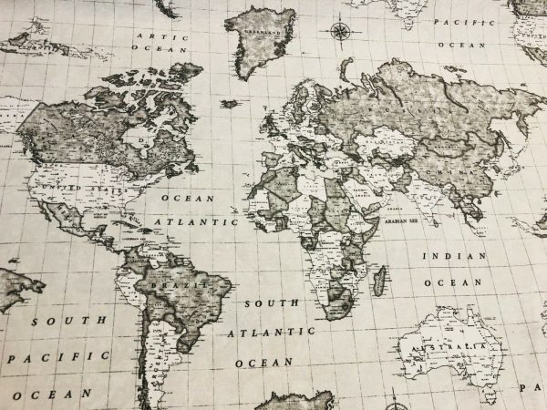 Grey World Map Designer Fabric Curtains Upholstery Dress Cotton Material - Globe Travel Print Canvas - 55"/140cm Wide - Image 5