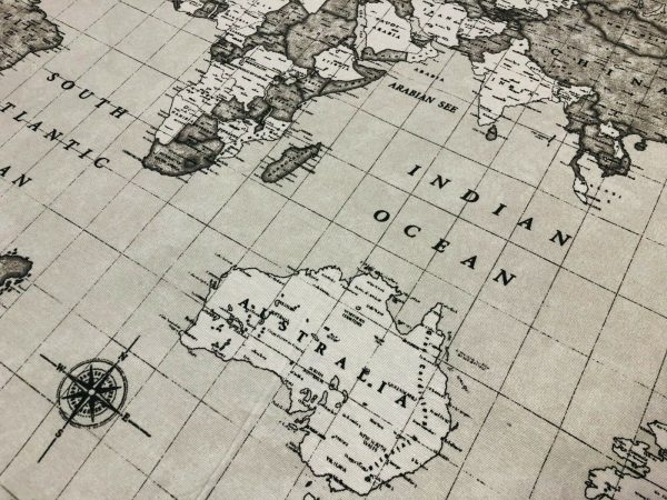 Grey World Map Designer Fabric Curtains Upholstery Dress Cotton Material - Globe Travel Print Canvas - 55"/140cm Wide - Image 6