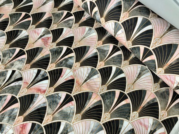 Marble Pink Fan Bow Art Deco Nouveau Geometric Shell Damask Fabric Fountain Leaf - Curtain Upholstery Home decor - 55"/140cm Wide