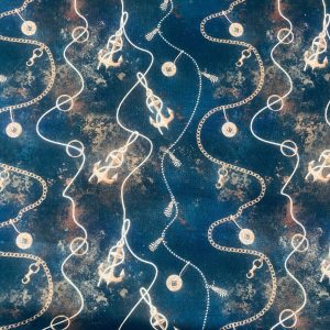 Navy Blue Marine Fabric for Curtains Upholstery Dressmaking - Nautical Gold Chains Copper Anchor Print 100% Cotton Material - 55"/140cm wide